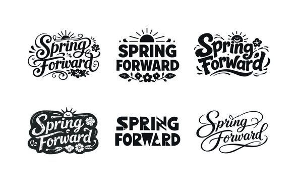Diverse Lettering Styles Grid. Spring Forward. Set lettering. harmonious lettering variations of the same emblematic concept, each with different artistic
