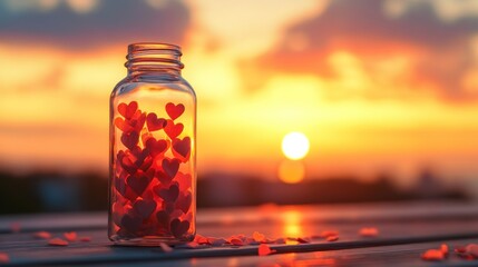 A transparent glass bottle filled with tiny folded notes shaped like hearts