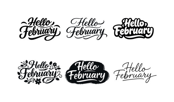 February Lettering Styles. Hello February. Set lettering. harmonious lettering variations of the same emblematic concept, each with different