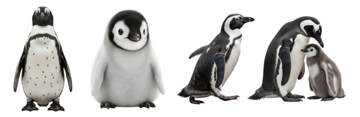 Diverse collection of four charming african penguins including one fluffy chick standing next to a caring parent on transparent background
