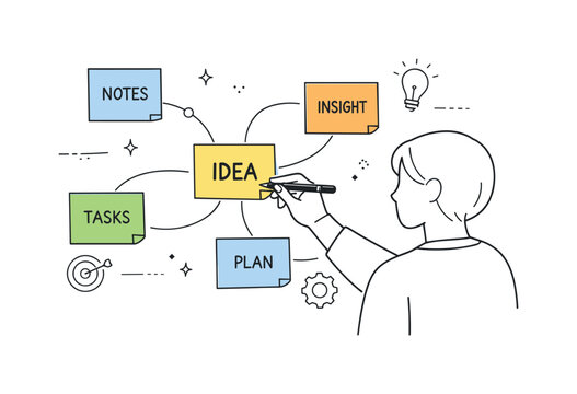 Mind Mapping Creativity. Idea generation. Person writing on sticky notes that form a simple mind map, connecting thoughts and insights. Calm creative mood with