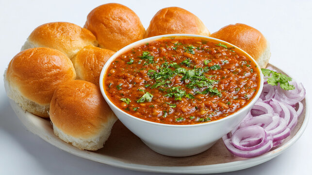 Delicious pav bhaji, a popular indian street food, isolated on white background