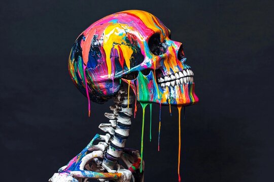 Vibrant skeletal form with skull painted in bright colors and dripping paint accents