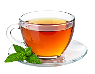 A clear glass cup filled with hot tea and fresh mint leaves.