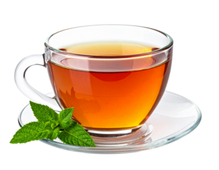 A clear glass cup filled with hot tea and fresh mint leaves.