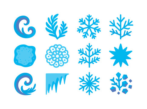 Colorful Frost Icon Set. Frost patterns. Colorful flat vector icons set of frost patterns: window frost swirl, icy fern pattern, snowflake cluster, crystalline