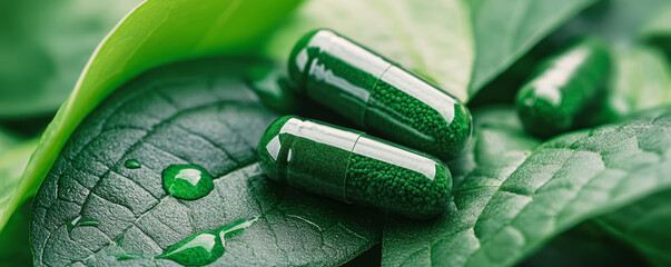 Herbal Capsules with Water Droplets on Fresh Leaves