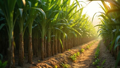 Rows of tall green corn plants grow in a sunlit farm field. The crops are developing with fresh leaves under a bright sky. Rural agriculture landscape shows healthy plant growth.