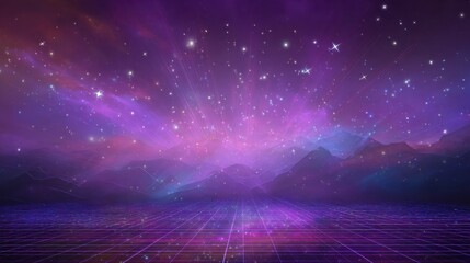 A vibrant cosmic landscape with mountains, a starry sky, and a grid-like foreground. Purple and blue tones dominate