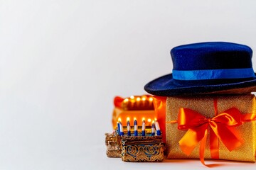 Glowing candles beside a hat and wrapped gifts create a cozy atmosphere for celebrations