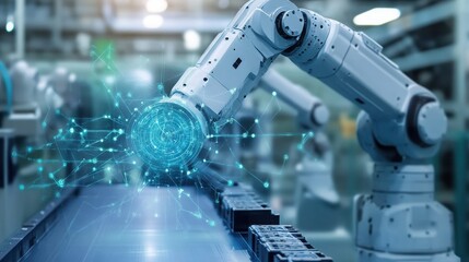 Industrial robotic arms on an assembly line collaboratively processing components, with one robot emitting a glowing blue digital sphere symbolizing connectivity.