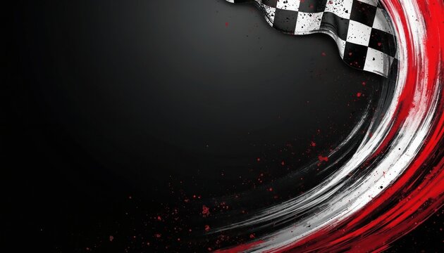 Abstract checkered flag waves dynamically above energetic red white brush strokes and black background. Speeding motion implied, representing race finish victory and competition.