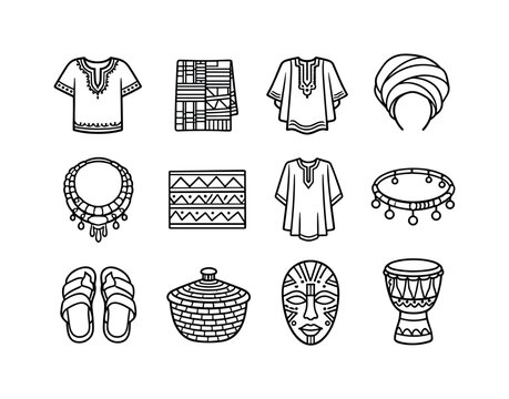African Cultural Icon Set. African cultural clothing. Line icon set of African cultural clothing: dashiki, kente wrap, agbada, gele headwrap, beaded necklace,