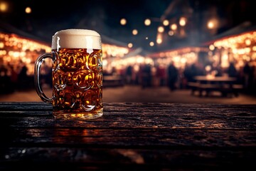 Foamy beer in a transparent glass celebrating the spirit of German Oktoberfest festivities