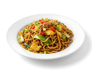 Indonesian street style mie tek tek, thick yellow noodles with egg and vegetables, rustic appearance, on a white plate with white background, suitable for food advertisement