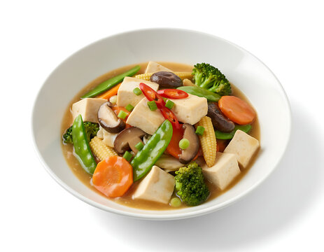 Indonesian-Chinese sapo tahu, soft tofu cubes with vegetables in light savory sauce, isolated on a white background
