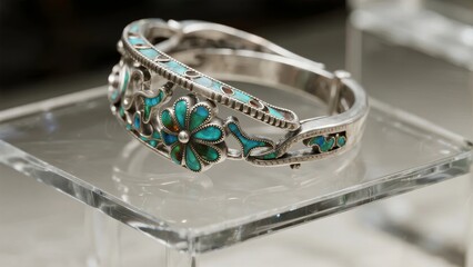 Silver bracelet with turquoise inlay and floral design displayed on a clear stand