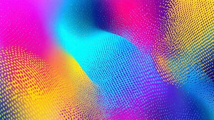 A vibrant digital illustration with undulating forms composed of halftone dots, blending vibrant hues of pink, blue, yellow, and purple
