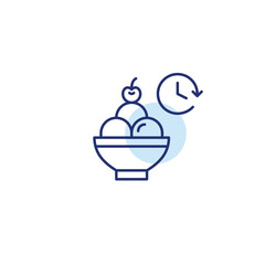 Ice cream scoops in a bowl and clock. Frozen food shelf life. Coffee shop working hours. Pixel perfect, editable stroke vector icon