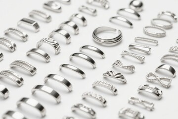 Assorted silver rings displayed in a grid pattern on a white background