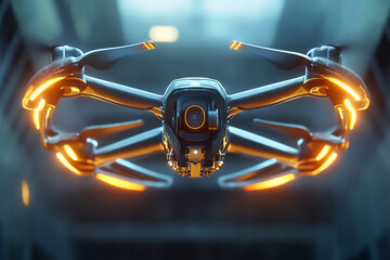 Drone with symmetrical wings and glowing sensors flying above an urban landscape at twilight
