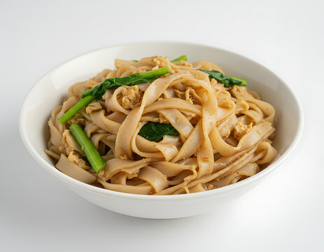 Indonesian kwetiau rebus /  Chinese guǒ ti&aacute;o/ guo tiao, soft wide flat rice noodles with moist surface and subtle broth, on a white plate with white background, suitable for food advertisement
