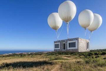 Home floats above ground, carried by large helium balloons in bright sky