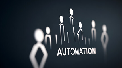 This image shows the concept of automation with white stick figures standing near the word 'automation' which is also in white. This gives an idea of automated processes and business
