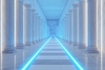 Symmetrical temple of smooth white marble featuring glowing blue light lines
