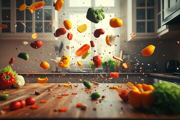 Flying fruits and vegetables create a chaotic scene in a vibrant kitchen