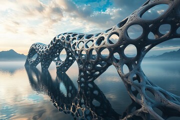 Floating bridge made of interlocking shapes spanning calm water at sunset