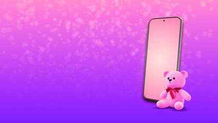 Valentine Love Rendering Cute Teddy Bear and Smartphone