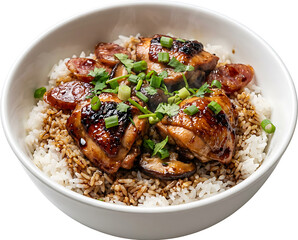 Naklejka premium Chinese claypot chicken rice, rice with soy marinated chicken pieces and visible oil glaze, on a white plate with white background, suitable for food advertisement