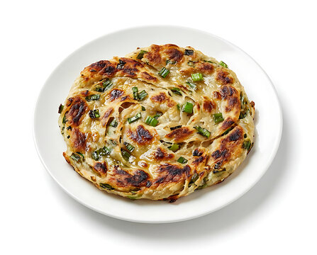 Chinese cong you bing, scallion pancake with crispy uneven surface and irregular round shape, on a white plate with white background, suitable for food advertisement