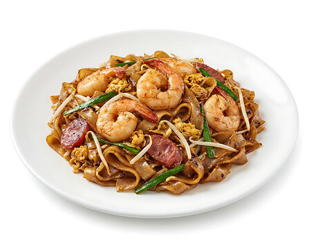 Chinese char kway teow, flat rice noodles stir fried with shrimp and egg, slightly oily texture, on a white plate with white background, suitable for food advertisement