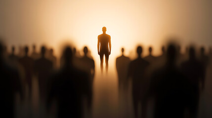Silhouetted figure stands out from a crowd amidst a hazy, golden glow, representing individuality, leadership, or a pivotal moment in a transformative journey.