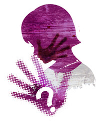 Little girl head grunge violet silhouette with with hand print after hand slap and question mark
Illustration on the white background.