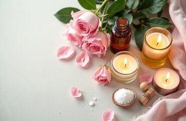 Soft pink roses, lit candles, and essential oil bottle sit with bath salts and petals. Romantic spa setting promotes relaxation and natural beauty care.