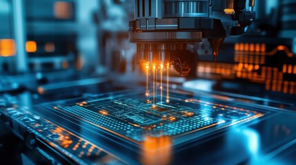 A detailed close-up shows a futuristic microchip on a circuit board with glowing blue data pathways and orange light beams from a robotic arm.