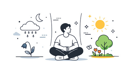 Reflective Transition Moment. Emotional transition. A person pausing between two simple environments, suggesting reflection and a gentle shift in mood. Calm