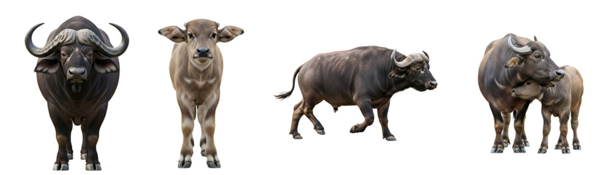 A collection of various poses featuring a majestic African buffalo bull a young calf and a mother cow with her offspring on transparent background