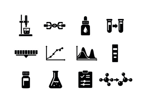 Analytical Chemistry Icons. Analytical chemistry. Solid icon set of Analytical chemistry: titration setup, burette clamp, indicator bottle, color change icon,