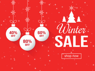 winter sale banner with hanging ornaments showing 40% 60% 80% discounts on red snowy background social media post, vector illustration