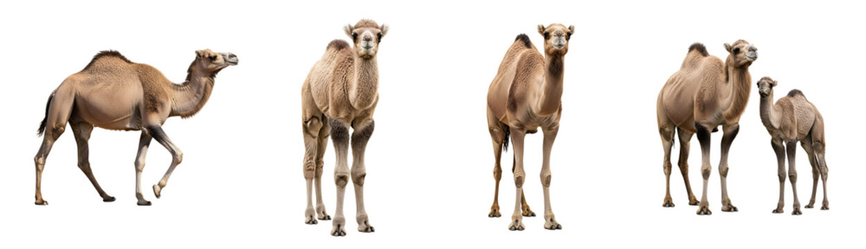 Collection of detailed dromedary camel illustrations showcasing various poses including walking standing and a parent with its young calf on transparent background