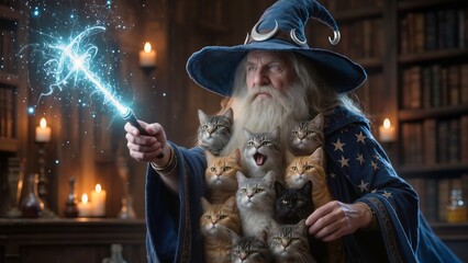 Obraz premium Wizard with Cats in Magical Library
