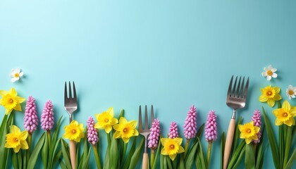 Spring flowers daffodils and hyacinths are arranged with forks on a light blue background. Garden tools and fresh blooms create a festive Easter or springtime table setting.