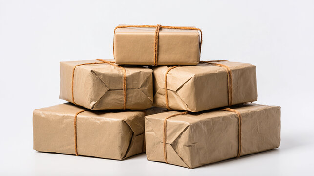 Stack of brown paper packages tied with string isolated on white background delivery concept