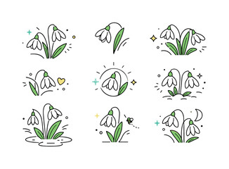 Minimalist Snowdrop Vectors. Snowdrop Flower Vectors. Abstract decorative snowdrop elements combined with dots and small lines, creating a light botanical