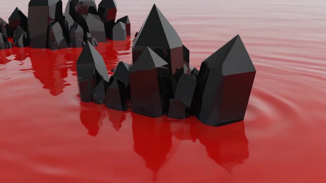 Black crystalline forms sinking into liquid red pools