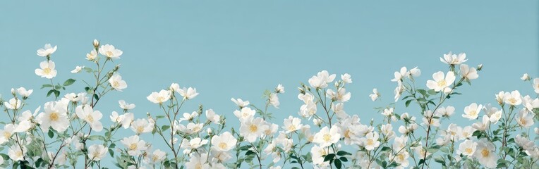 Obraz premium White flowers blooming against a bright blue sky background floral design